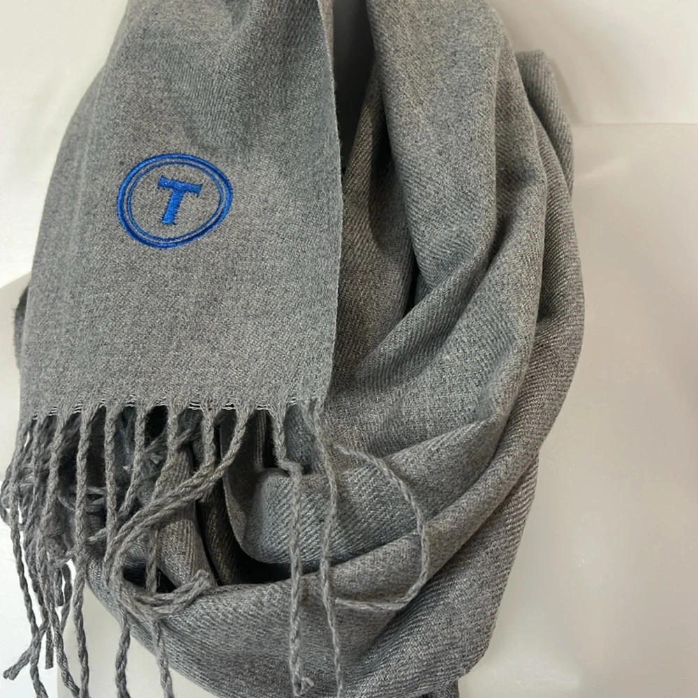 EUC Twillory soft gray scarf with fringe w/blue embroidered signature T unisex